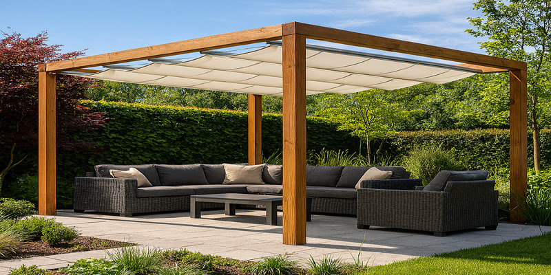 Pérgola de madera en terraza de jardín