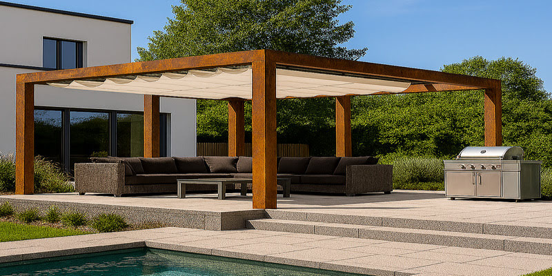 Pérgola de hierro en terraza de casa unifamiliar